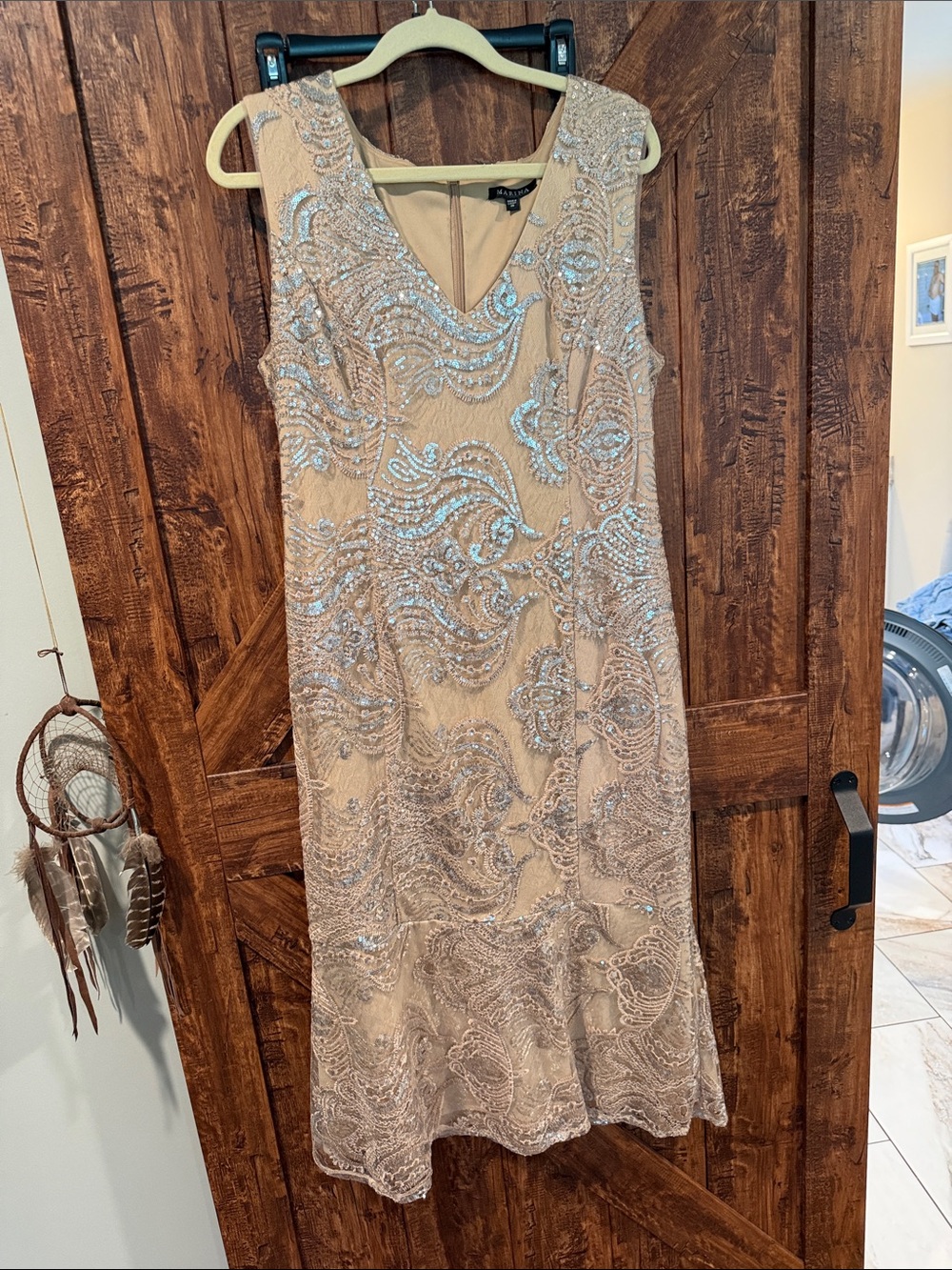 MARINA Sequin-Embellished V-Neck Dress in Champagne and Silver